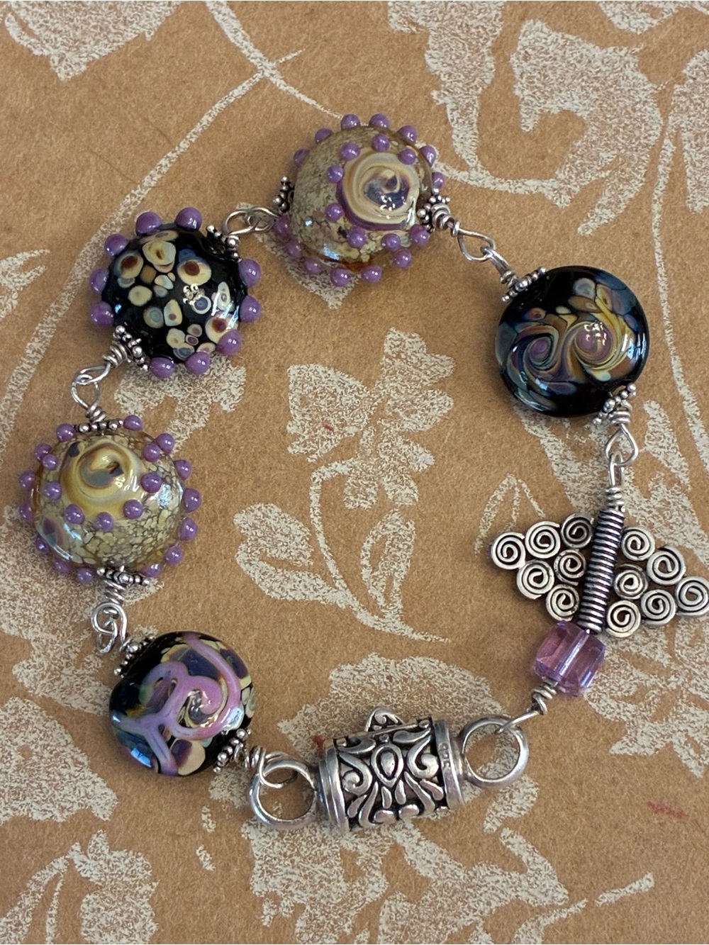 Purple Handmade Glass Lampwork Bead Bracelet with Sterling Silver Accents